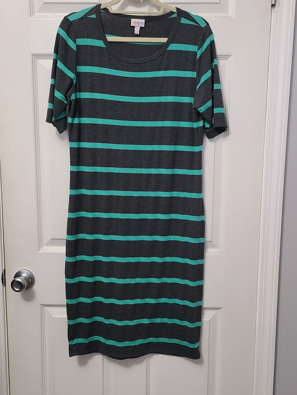LuLaRoe Gray and Teal Striped Women’s Dress